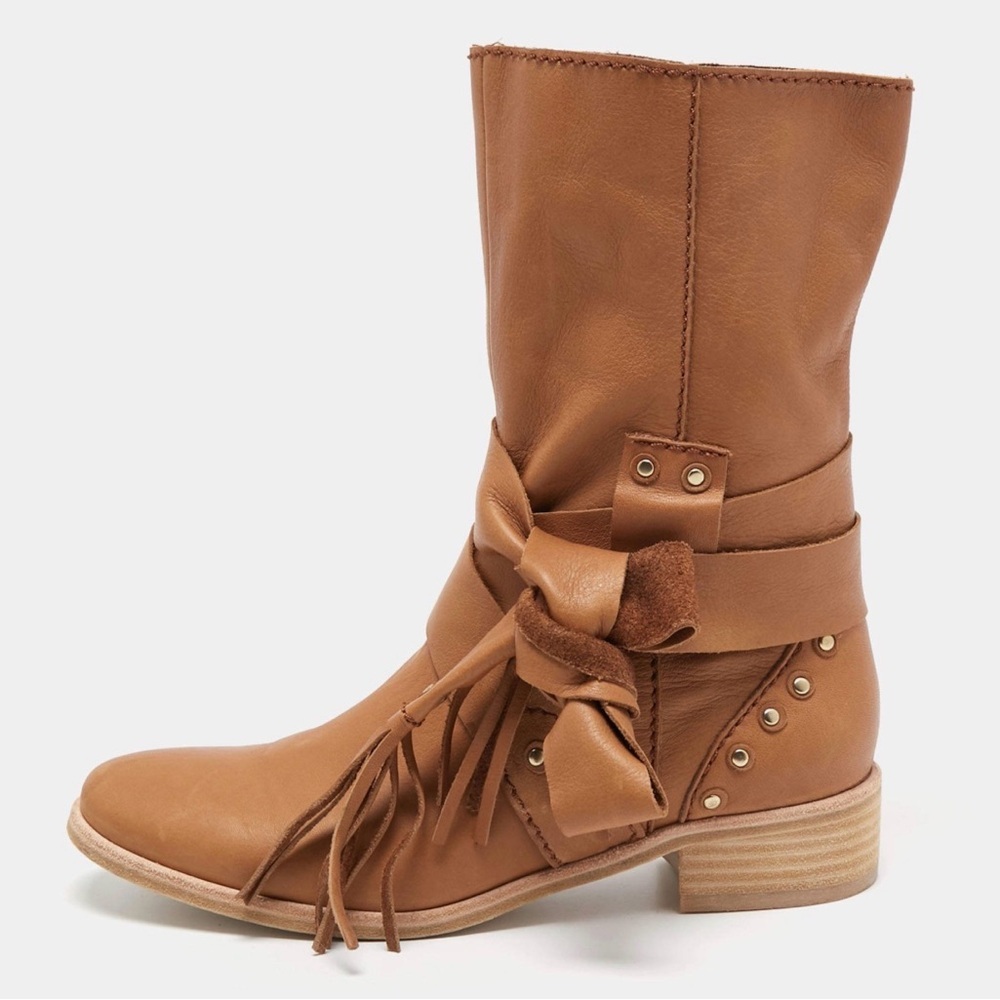 See By Chloe Studded Crosta Leather Boots Moto Combat Biker Western Fringe Boho